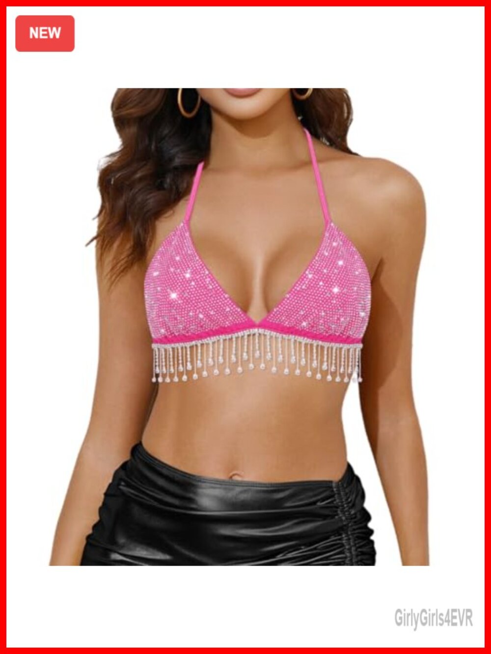 Sparkly Rhinestone Fringe Crop Top Halter V Neck Tassel Camisole Clubwear